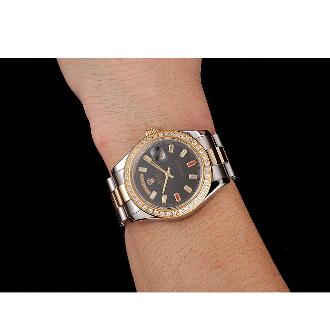 Good copy rolex watches Bracelet Day-Date Tone Rubies Two Rolex 1454105 Dial Swiss Black And Diamonds 0701